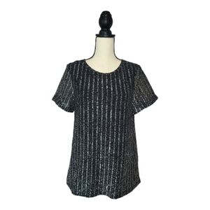 Reiss Top Black Shimmery Sheer Lined Short Sleeve Scoop Neckline Womens Size M